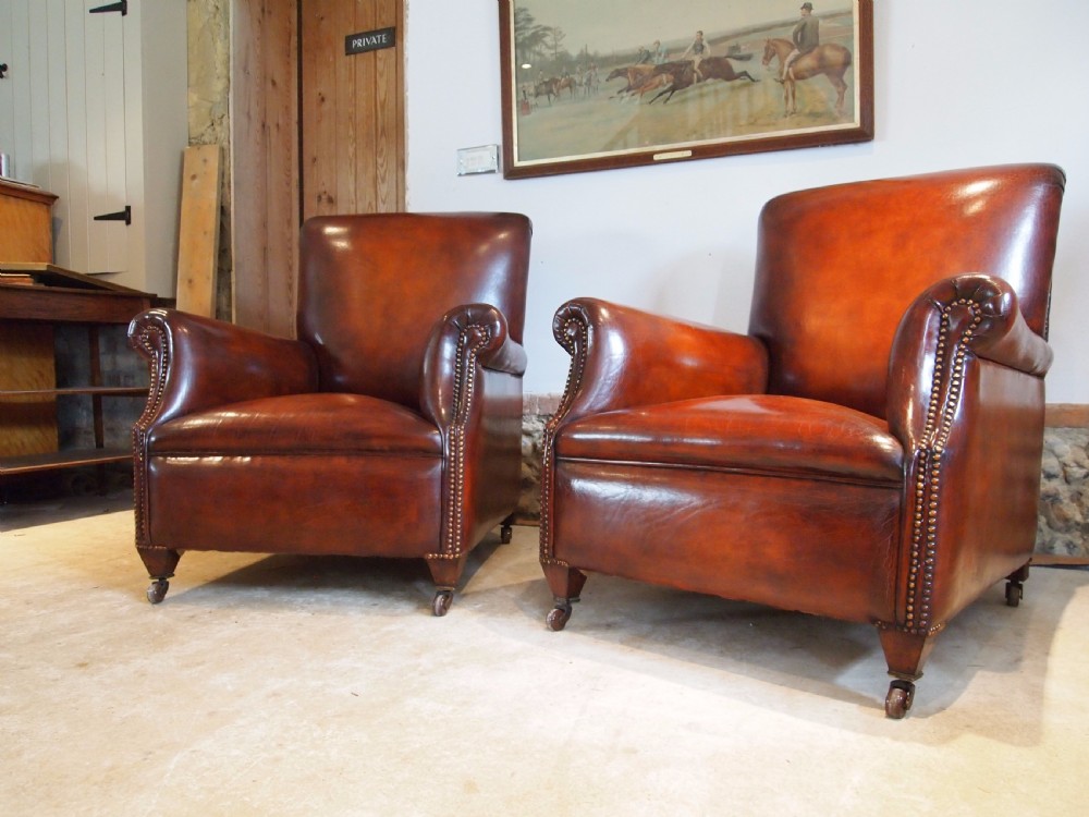 Armchairs fine pair of Victorian Chestnut leather club chairs c1880 View VIII