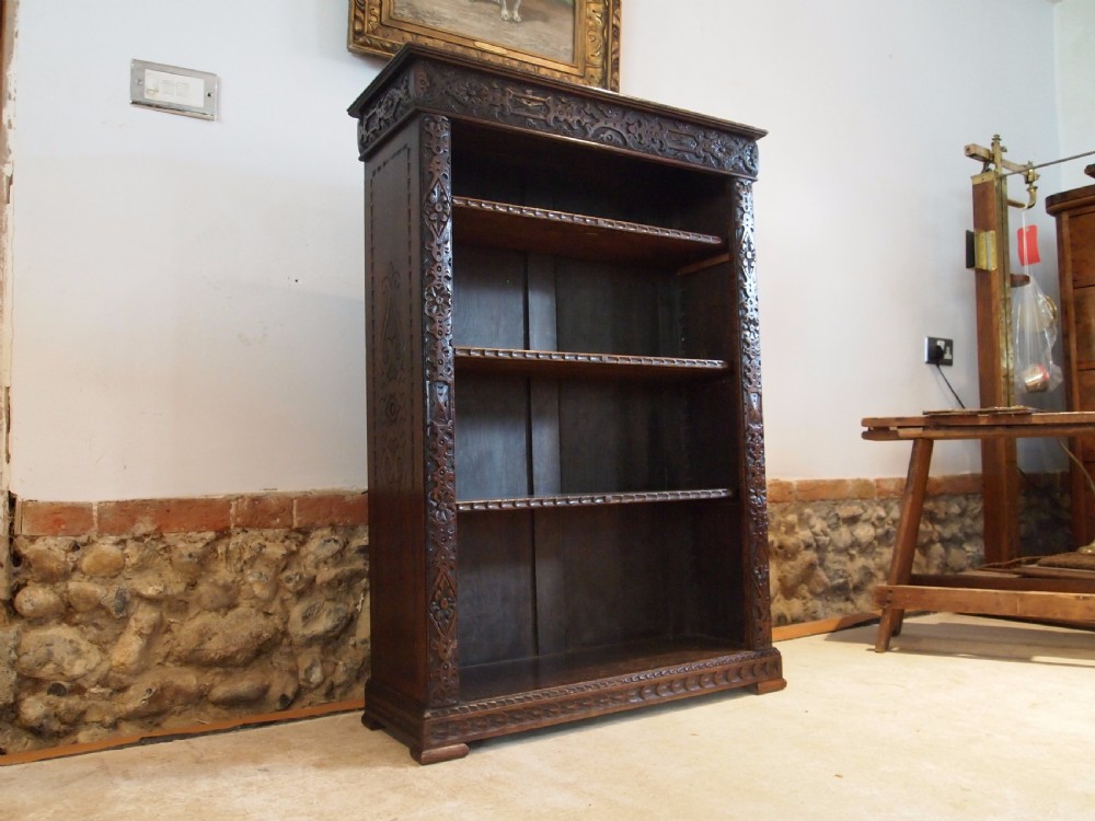 Bookcase Victorian carved Oak adjustable shelves c1890
