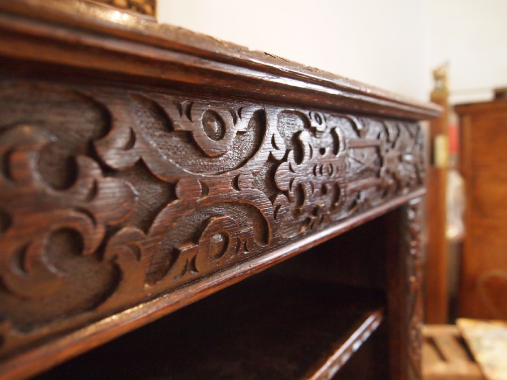 Bookcase Victorian carved Oak adjustable shelves c1890 View II