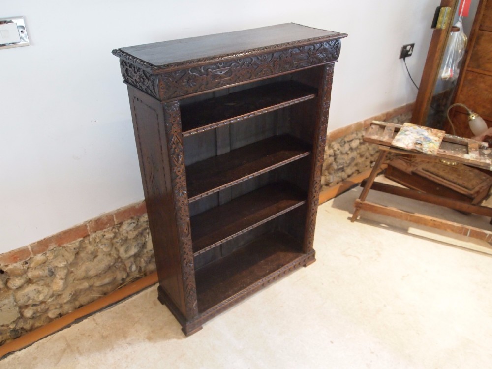 Bookcase Victorian carved Oak adjustable shelves c1890 View III