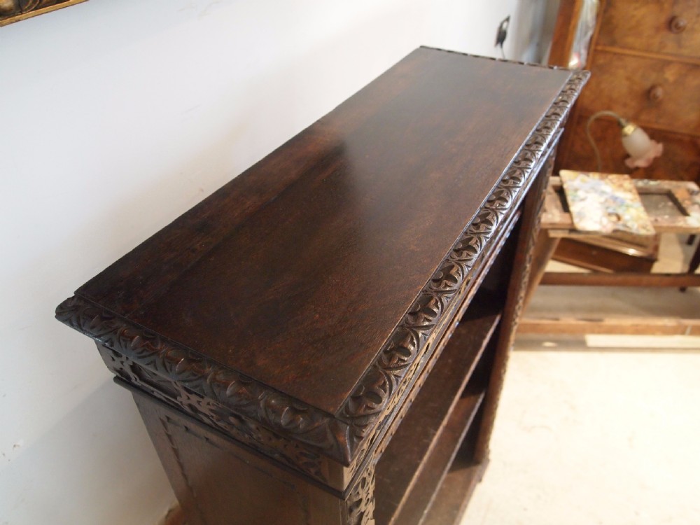 Bookcase Victorian carved Oak adjustable shelves c1890 View IV