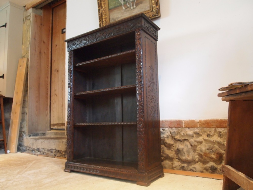 Bookcase Victorian carved Oak adjustable shelves c1890 View V