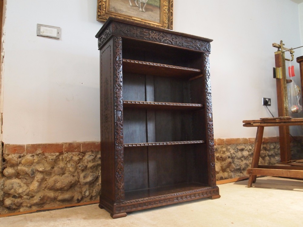 Bookcase Victorian carved Oak adjustable shelves c1890 View VI