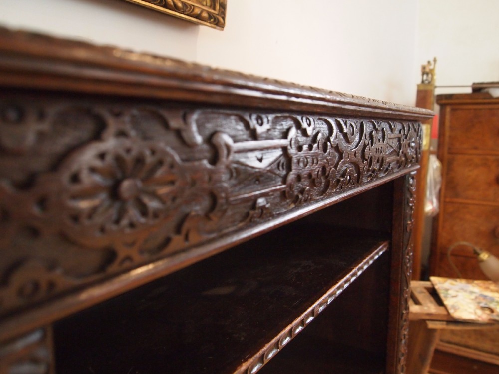 Bookcase Victorian carved Oak adjustable shelves c1890 View VII
