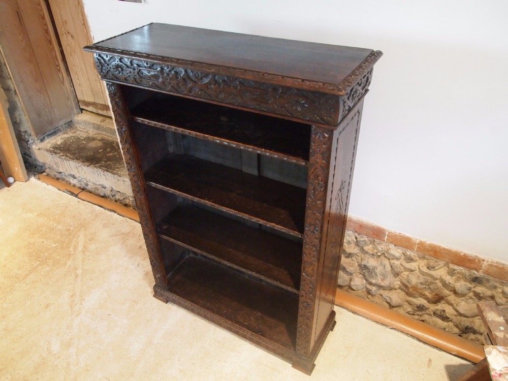Bookcase Victorian carved Oak adjustable shelves c1890 View VIII