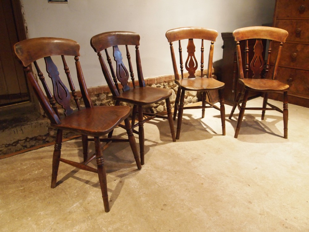 Chairs set of 4 Victorian Windsor fiddle back kitchen Elm c1880 View X