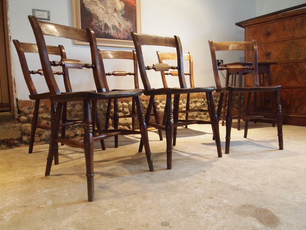 Chairs rare set of 6 Victorian Windsor kitchen knifebacks Elm c1870