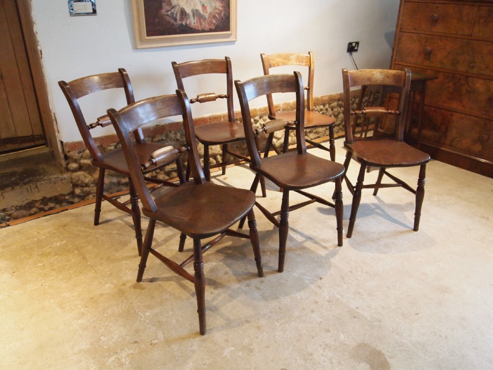 Chairs rare set of 6 Victorian Windsor kitchen knifebacks Elm c1870 View II