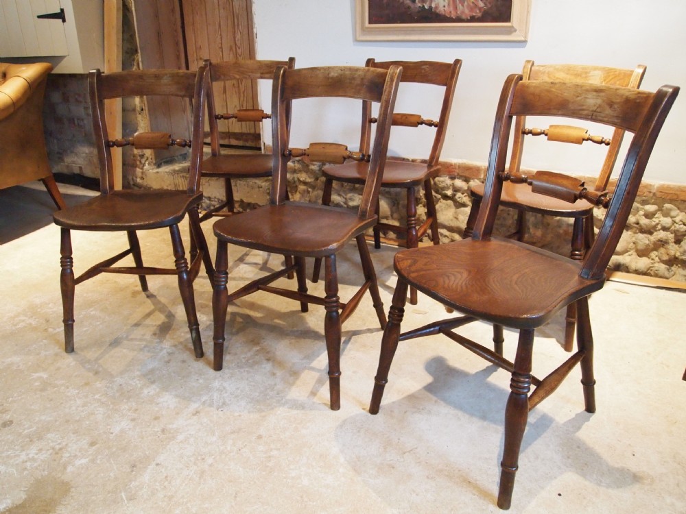 Chairs rare set of 6 Victorian Windsor kitchen knifebacks Elm c1870 View IV