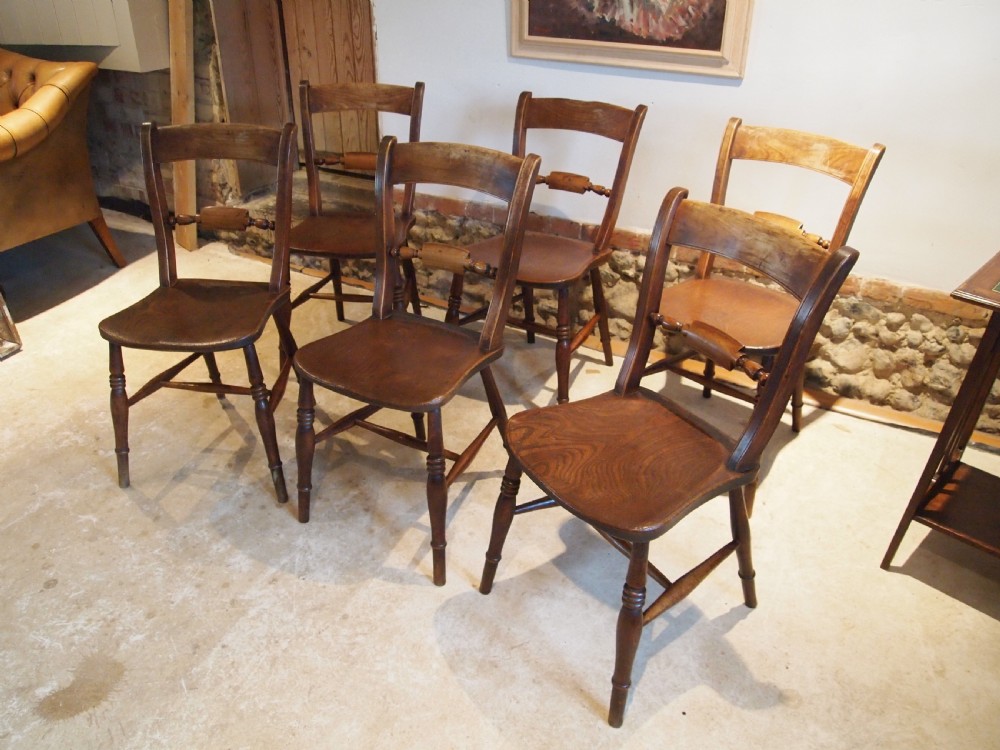 Chairs rare set of 6 Victorian Windsor kitchen knifebacks Elm c1870 View XI