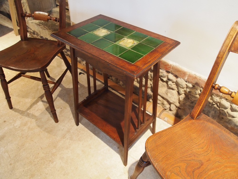 Table Arts and Crafts Oak hall lamp side Liberty Minton c1890