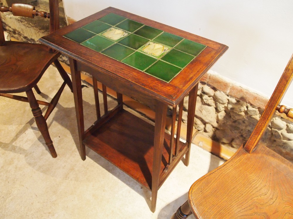 Table Arts and Crafts Oak hall lamp side Liberty Minton c1890 View X