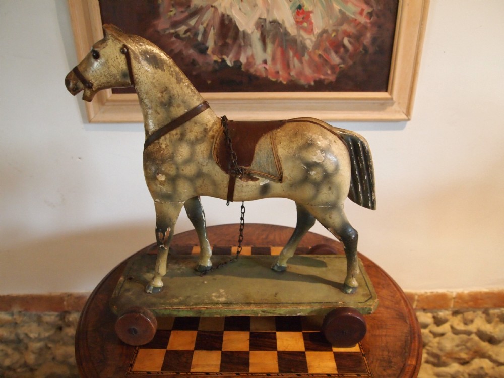 Horse Folk art pull along child's German carved wood c1910