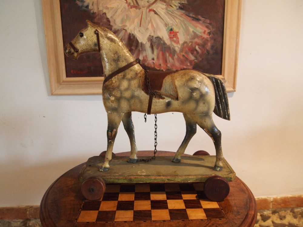 Horse Folk art pull along child's German carved wood c1910 View X