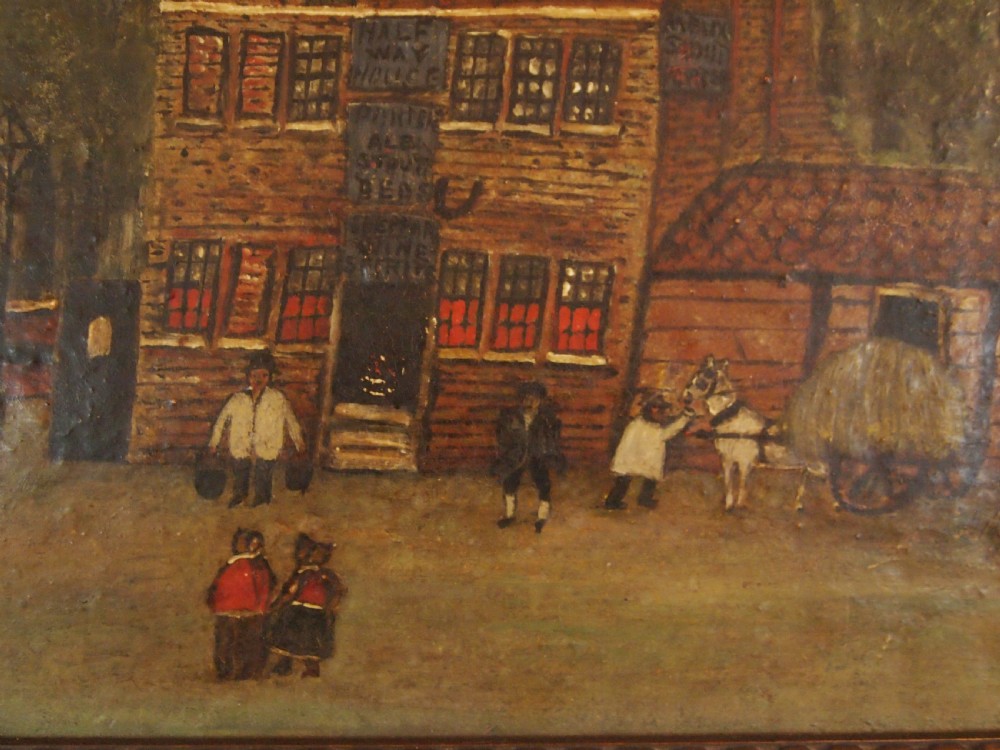 Folk art naive oil 'The Halfway House' Kensington dated 1802 View X