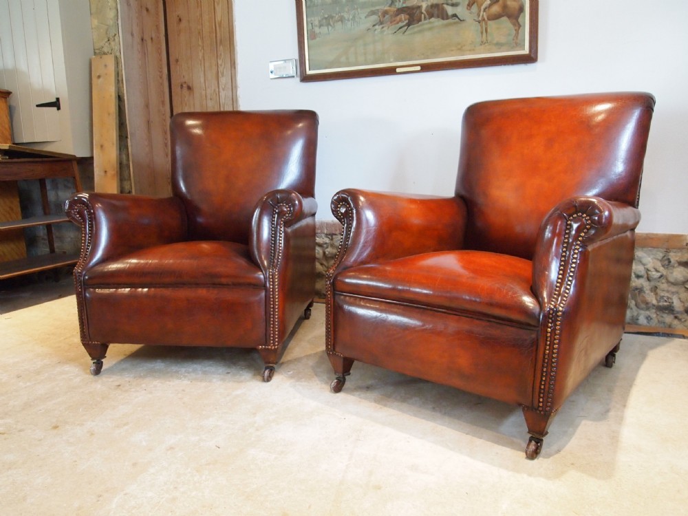  Armchairs fine pair of Victorian Chestnut leather club c1880