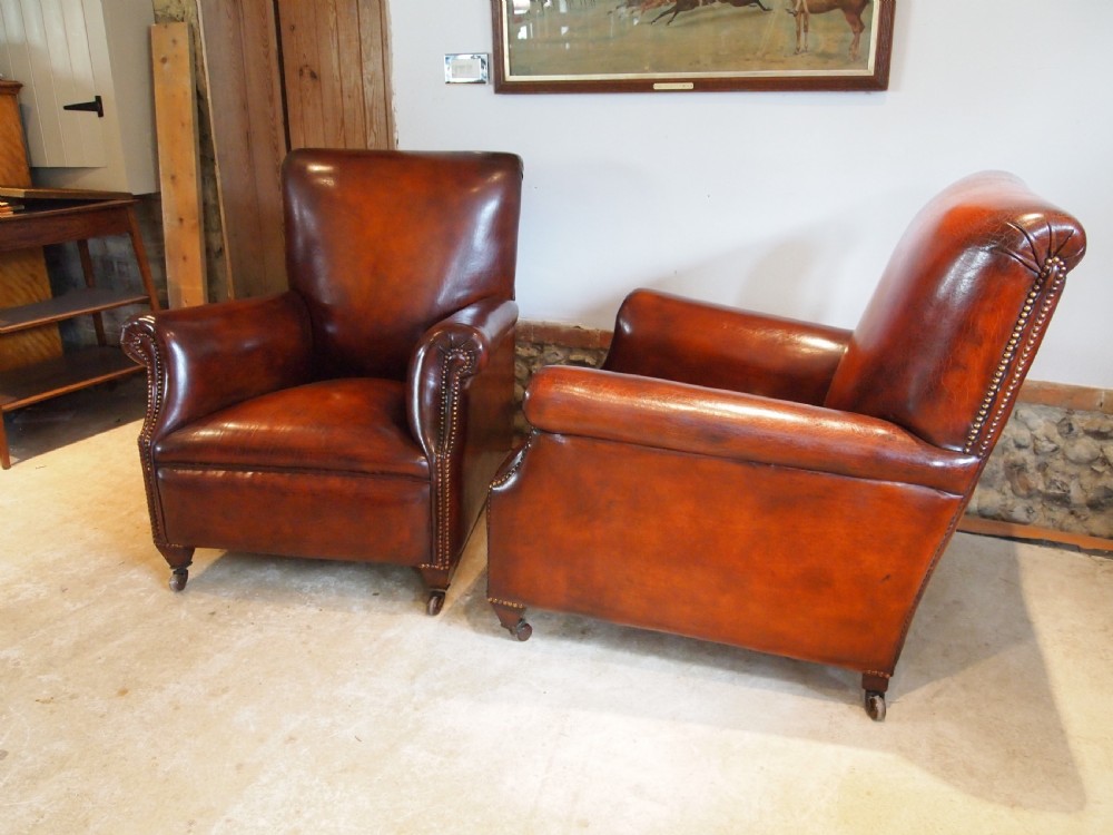  Armchairs fine pair of Victorian Chestnut leather club c1880 View VI