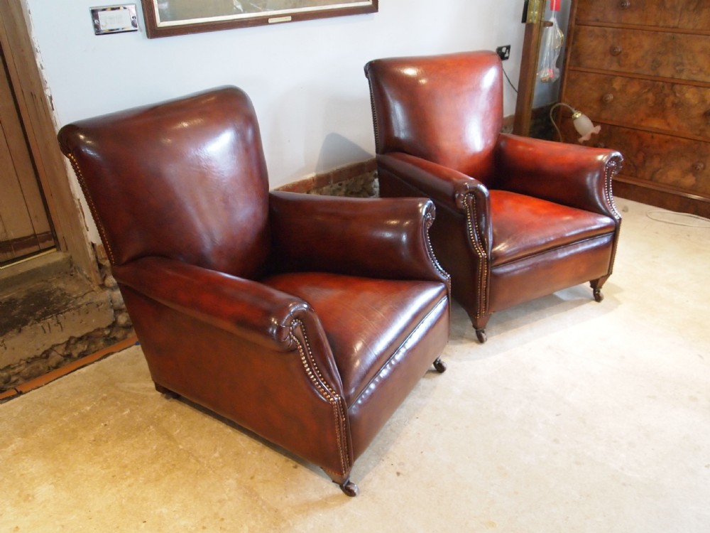  Armchairs fine pair of Victorian Chestnut leather club c1880 View VII