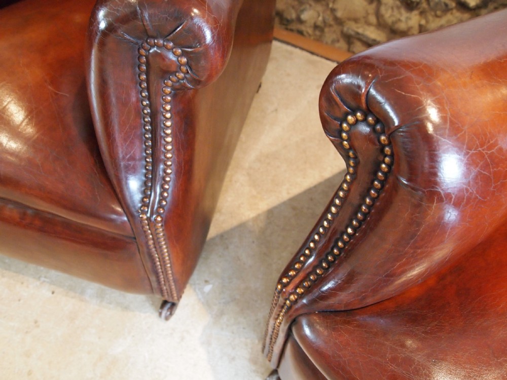  Armchairs fine pair of Victorian Chestnut leather club c1880 View VIII
