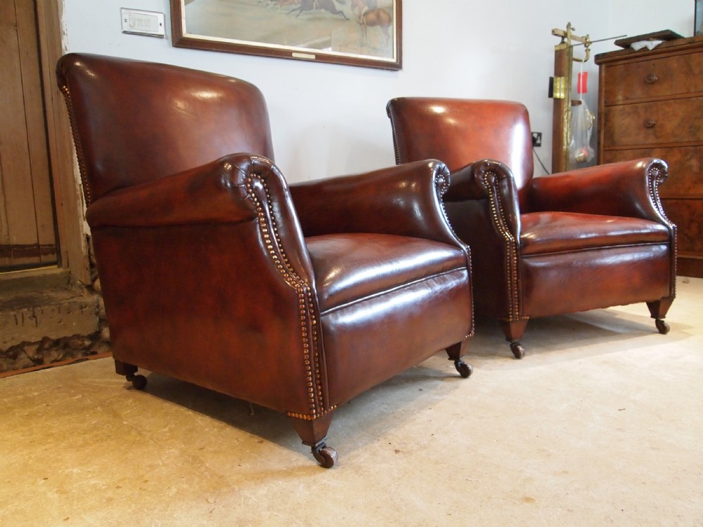  Armchairs fine pair of Victorian Chestnut leather club c1880 View X