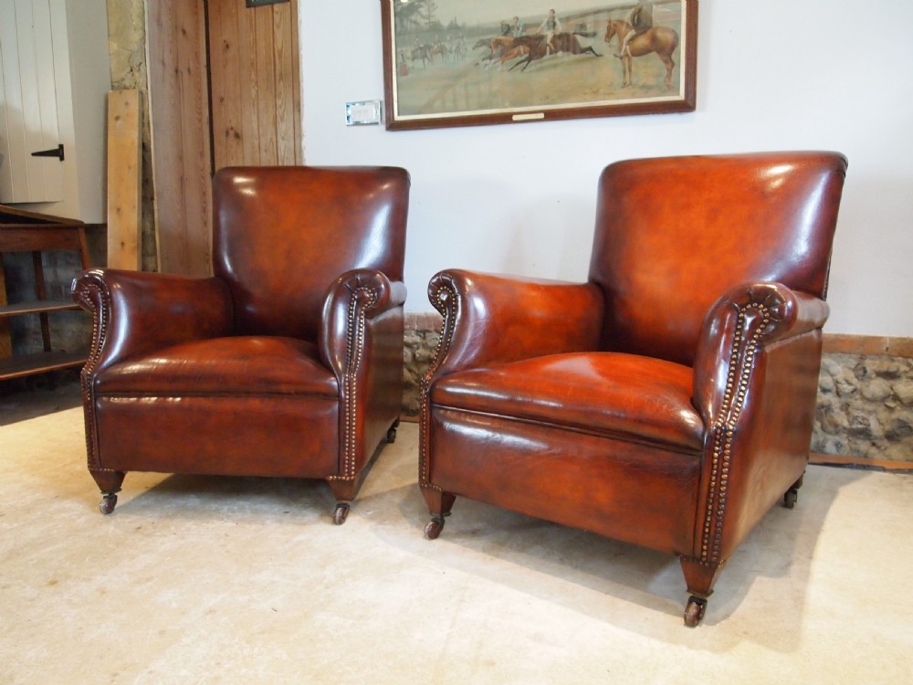  Armchairs fine pair of Victorian Chestnut leather club c1880 View XI