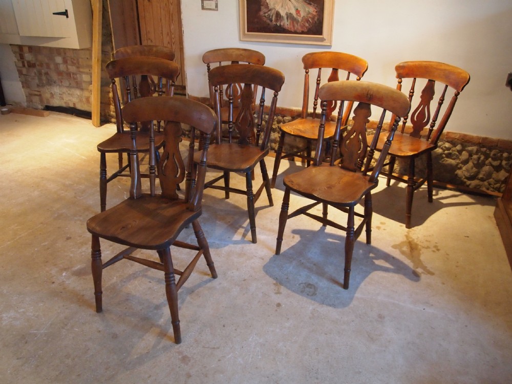 Chairs 8 Victorian fiddle back Windsor kitchen dining Elm c1870 View X