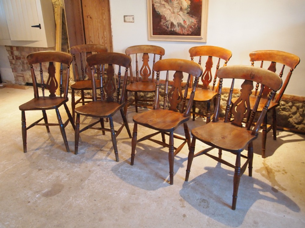 Chairs 8 Victorian fiddle back Windsor kitchen dining Elm c1870 View XI