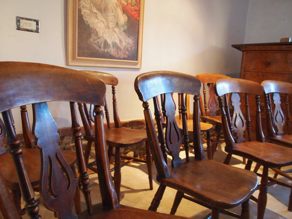 Chairs 8 Victorian fiddle back Windsor kitchen dining Elm c1870 View XII