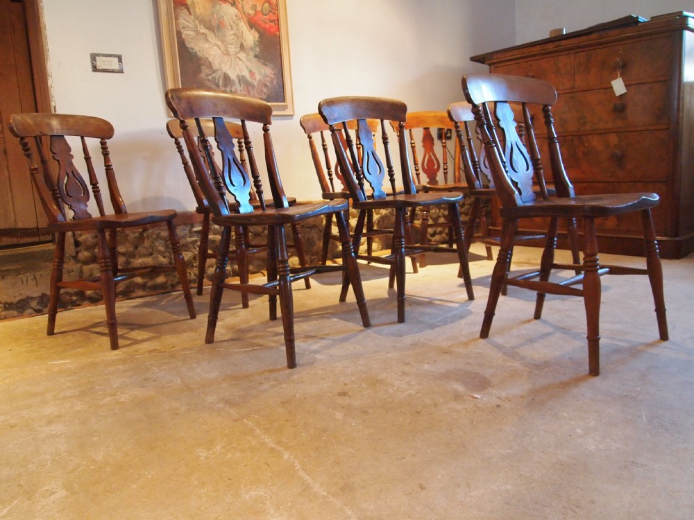 Chairs 8 Victorian fiddle back Windsor kitchen dining Elm c1870 View XIII