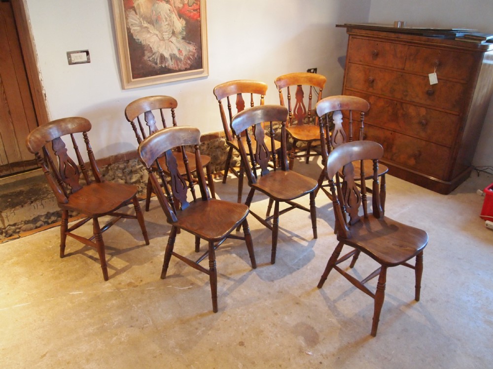 Chairs 8 Victorian fiddle back Windsor kitchen dining Elm c1870 View XIV
