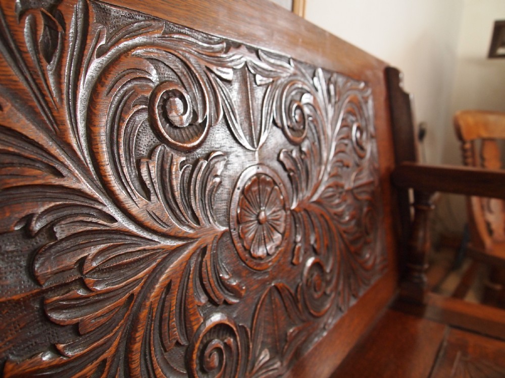 Bench settle Monks bench Victorian carved Oak c1890 View II