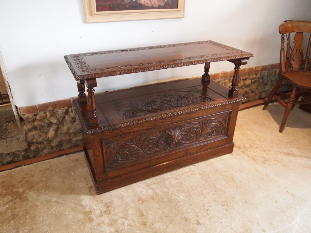 Bench settle Monks bench Victorian carved Oak c1890 View III