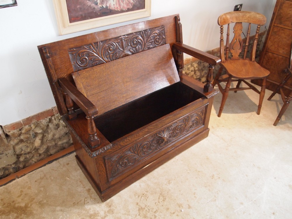 Bench settle Monks bench Victorian carved Oak c1890 View V