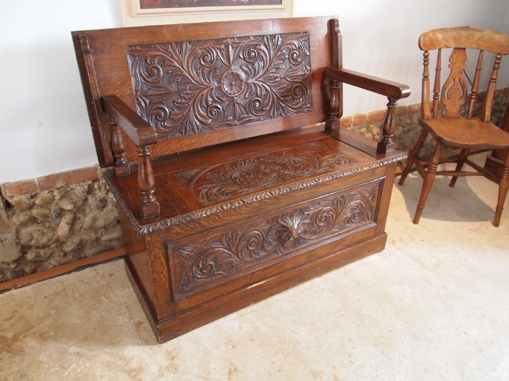 Bench settle Monks bench Victorian carved Oak c1890 View VII