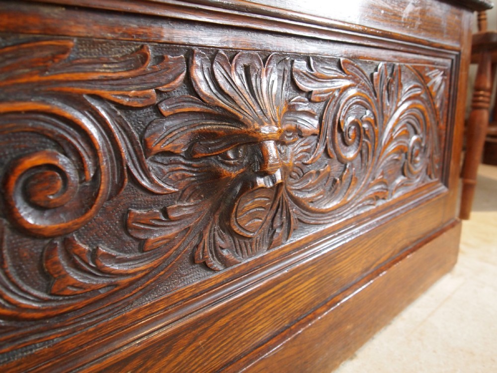 Bench settle Monks bench Victorian carved Oak c1890 View VIII
