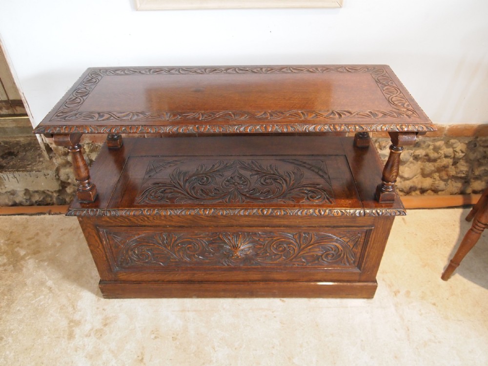 Bench settle Monks bench Victorian carved Oak c1890 View IX