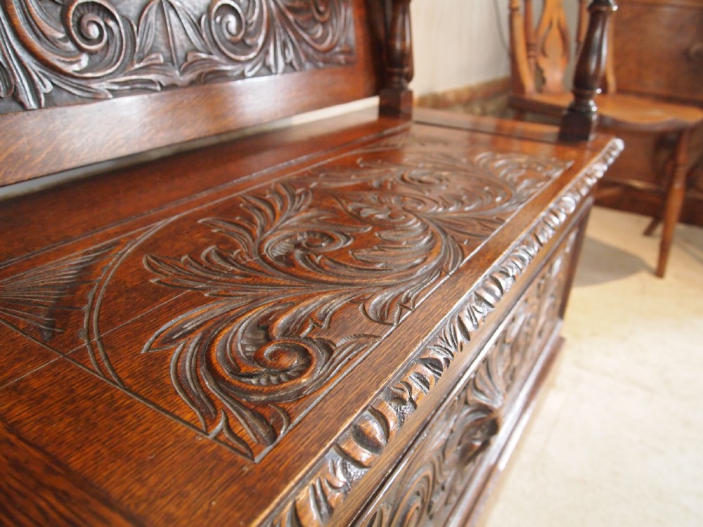 Bench settle Monks bench Victorian carved Oak c1890 View X