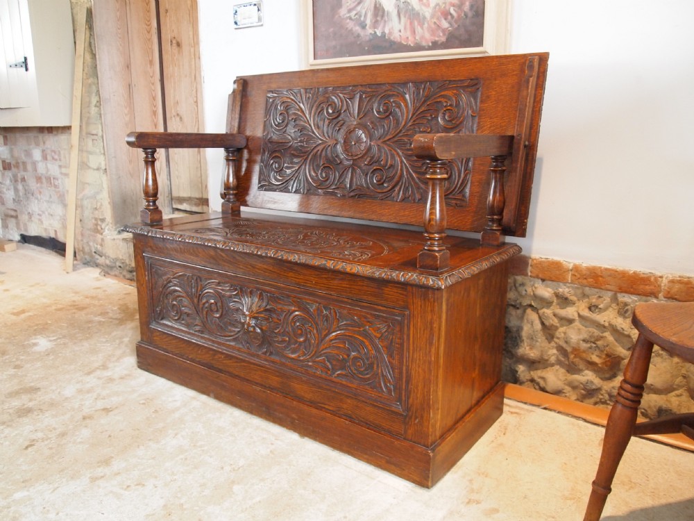 Bench settle Monks bench Victorian carved Oak c1890 View XI