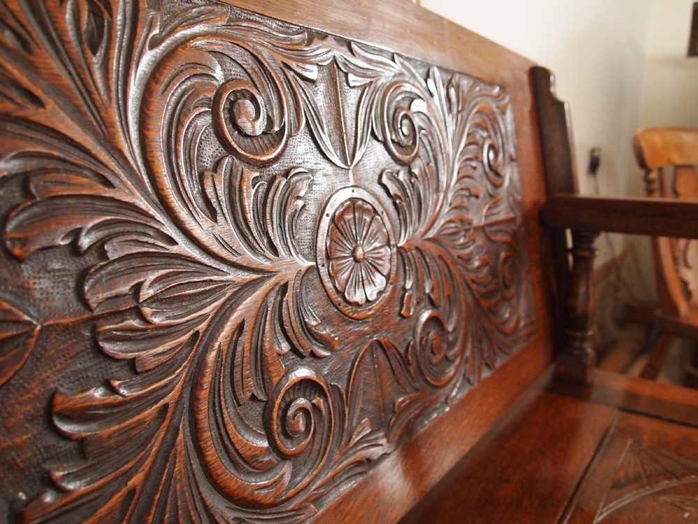 Bench settle Monks bench Victorian carved Oak c1890 View XII