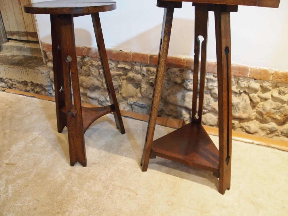 Two arts and crafts Liberty style Oak lamp hall side tables c1900 View II