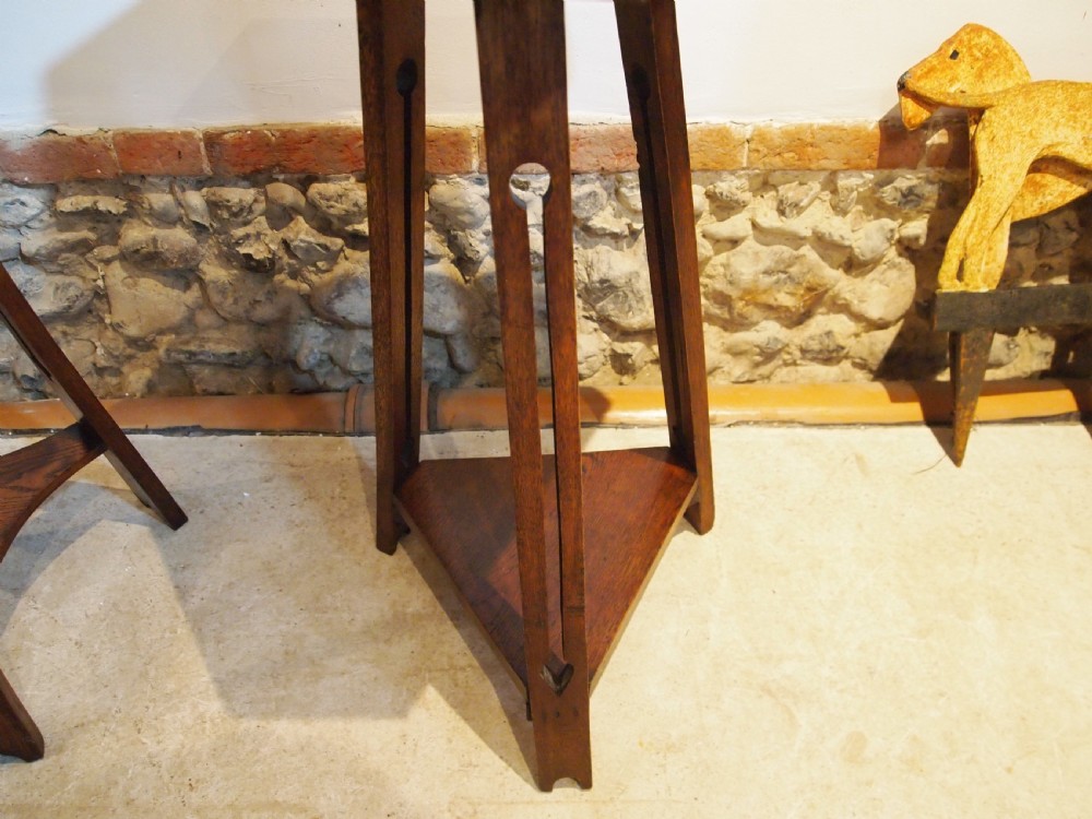 Two arts and crafts Liberty style Oak lamp hall side tables c1900 View III