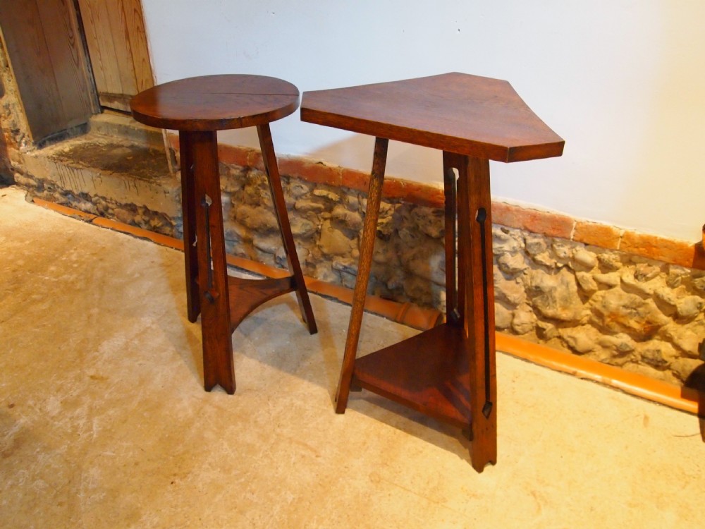 Two arts and crafts Liberty style Oak lamp hall side tables c1900 View IV