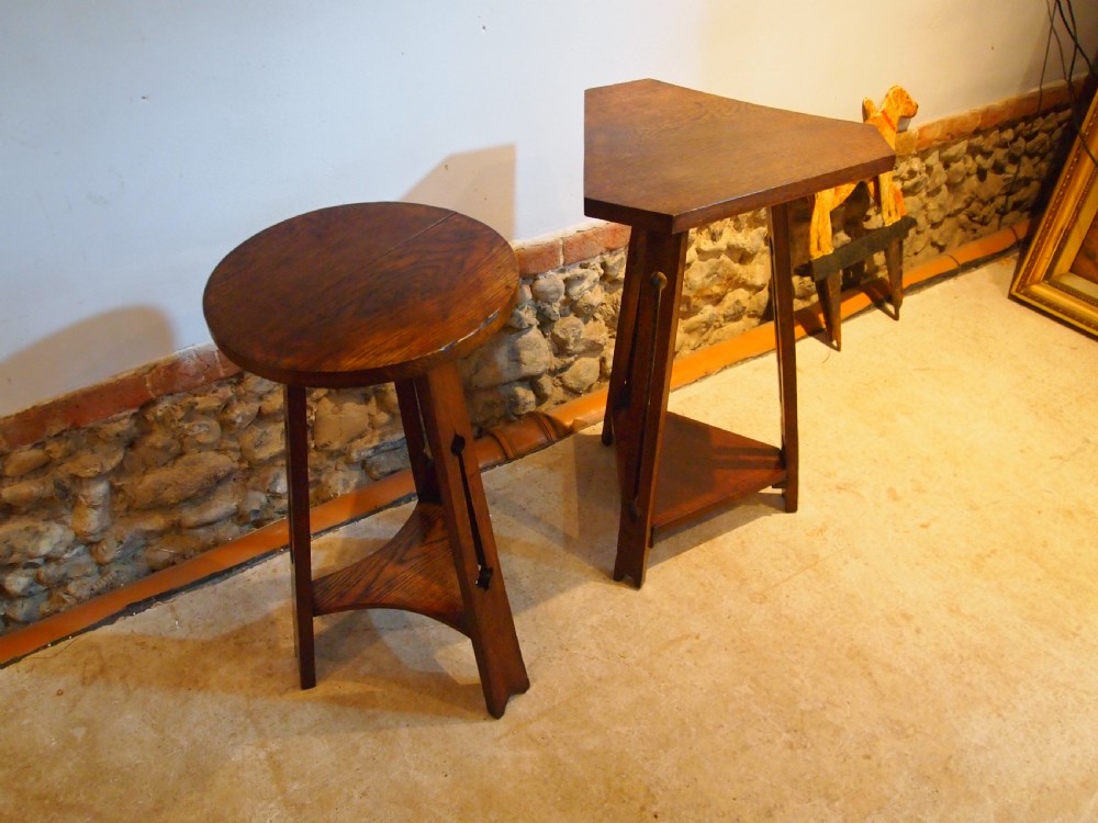 Two arts and crafts Liberty style Oak lamp hall side tables c1900 View V