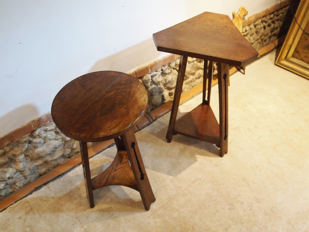 Two arts and crafts Liberty style Oak lamp hall side tables c1900 View VI