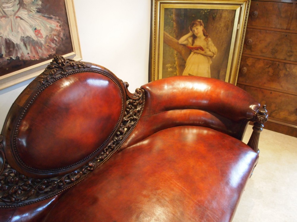 Sofa settee Victorian Rosewood Chestnut leather c1840 View VI