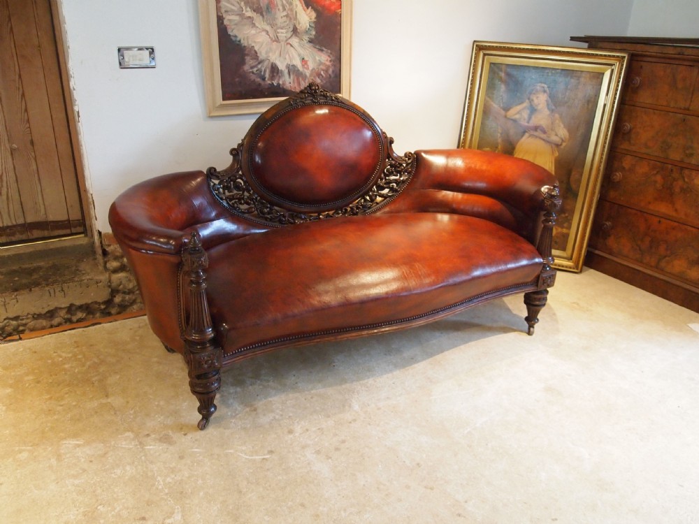 Sofa settee Victorian Rosewood Chestnut leather c1840 View VIII