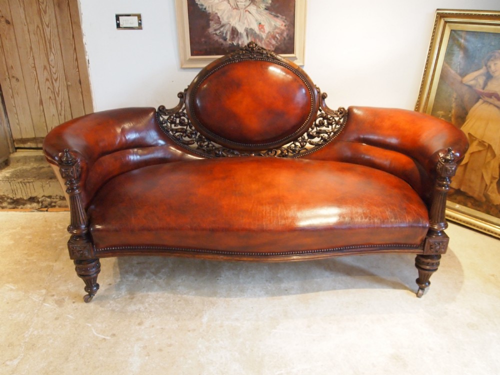 Sofa settee Victorian Rosewood Chestnut leather c1840 View IX