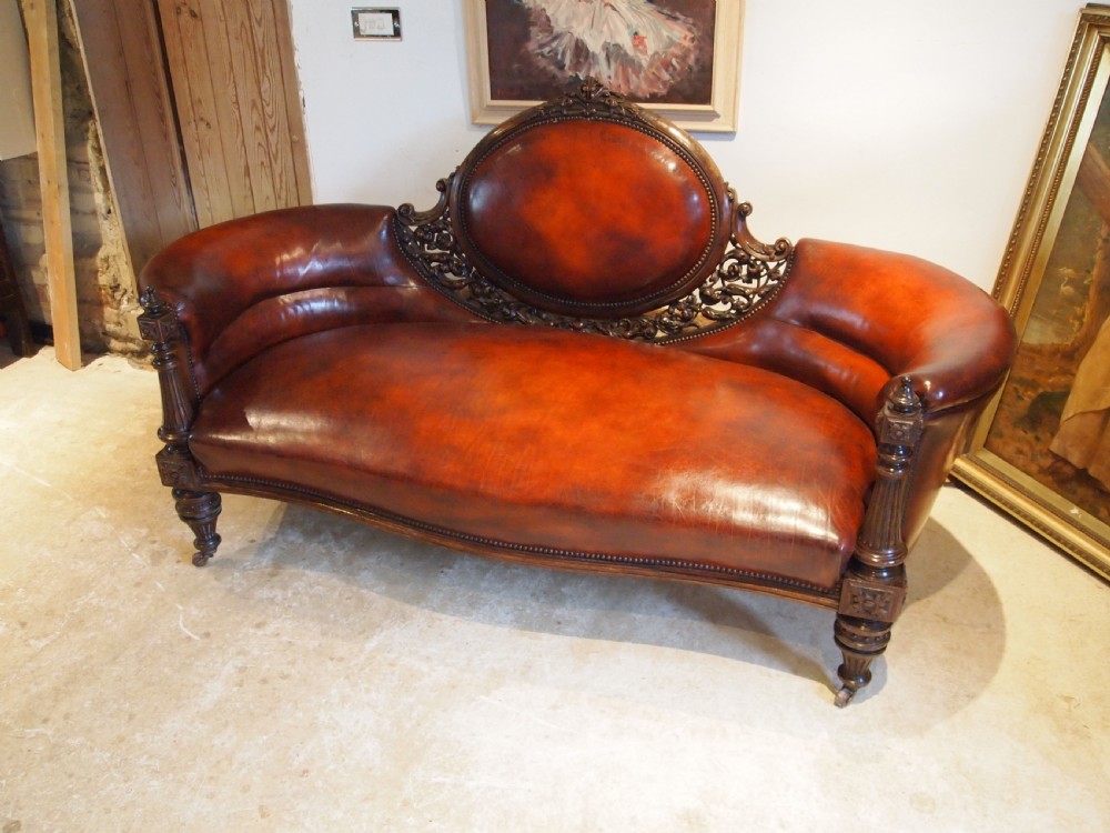 Sofa settee Victorian Rosewood Chestnut leather c1840 View X