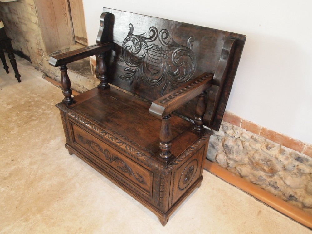 Bench settle seat pew Victorian Oak Monks bench c1890 View IV