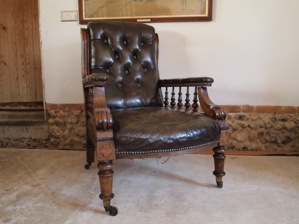 Chair Victorian Leather library armchair c1870 View V